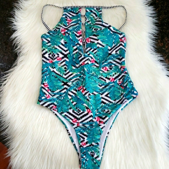 Tropical Leaves High Neck One Piece Swimsuit - Picture 2 of 8